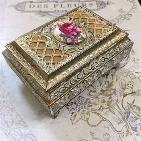 primitive antique metal trinket box with lid ornate border|antique trinket holder box.